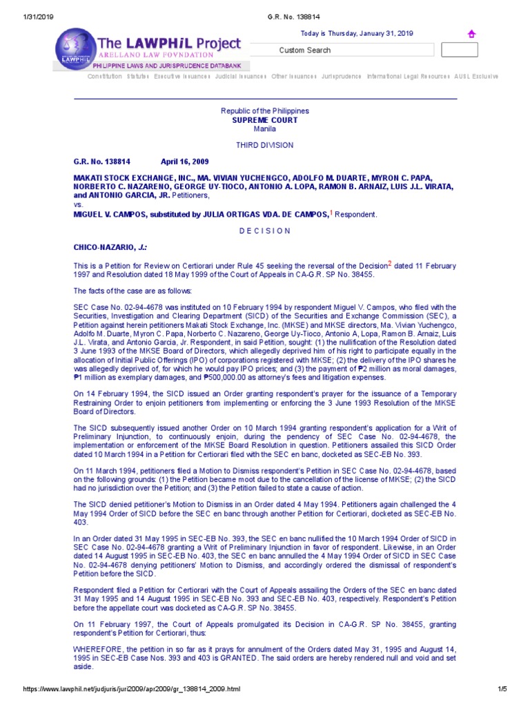 Makati Stock Exchange vs. Campos (G.R. No. 138814) PDF Initial