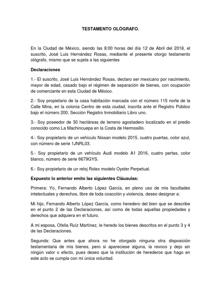 Testamento Ol grafo De Jos Luis Hern ndez PDF Derecho