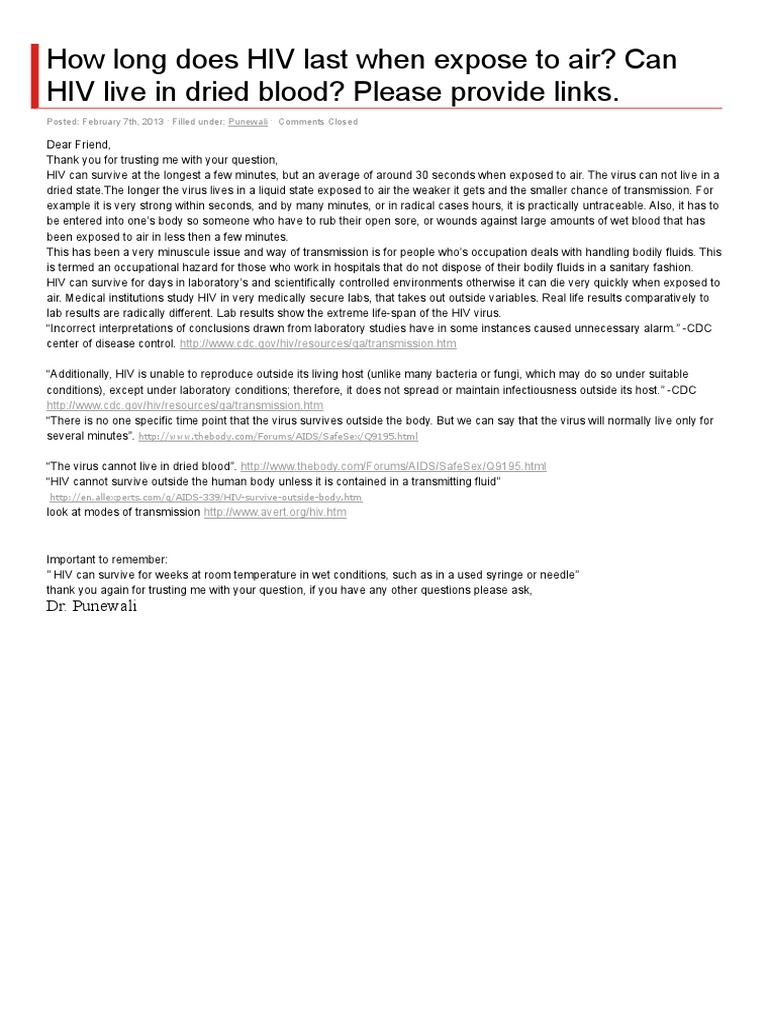 How Long Does HIV Last When Expose To Air PDF Transmission