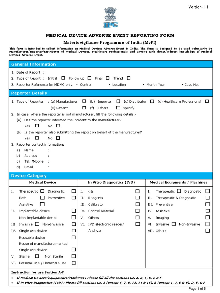 Medical Device Adverse Event Reporting Form Editable PDF Medical