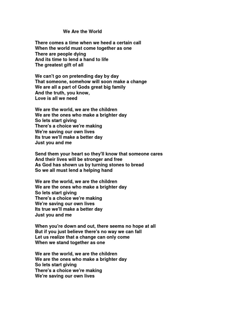 We Are The World Lyrics PDF PDF