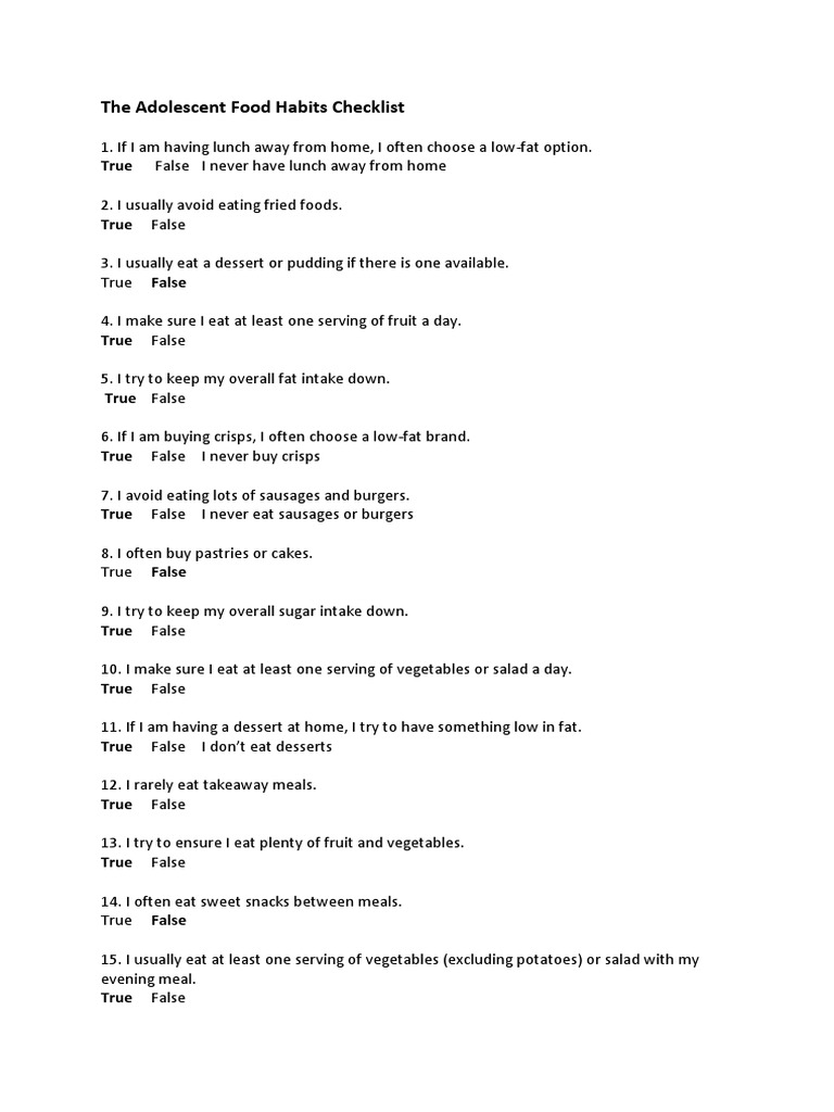 Adolescent Food Habits Checklist | PDF | Lunch | Meal