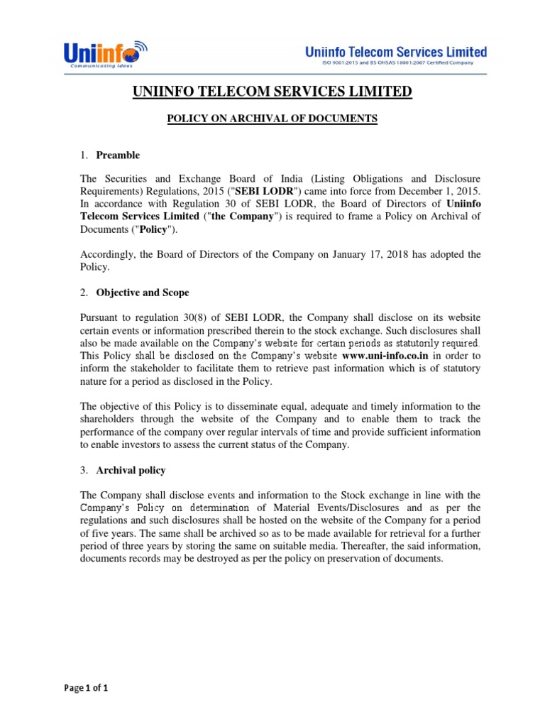 Uniinfo Telecom Document Archival Policy | PDF | Business | Finance ...