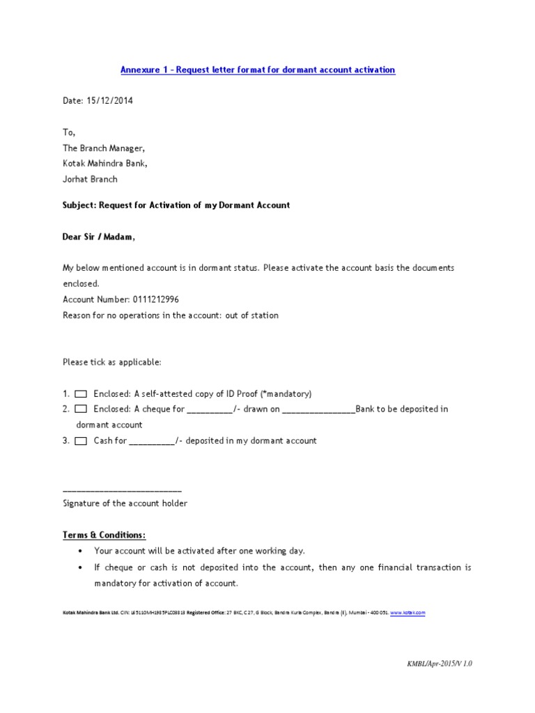 Dormant Account Activation Request Letter | PDF | Law