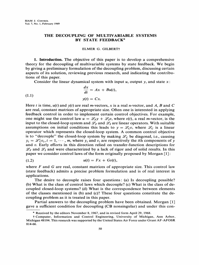 Decoupling of Multvariable Systems by State Feedback | PDF | Matrix ...