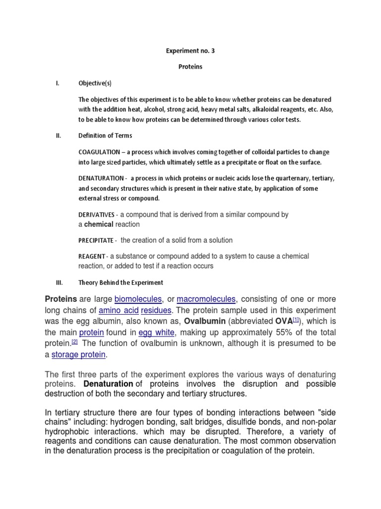 Experiment No. 3 Proteins PDF Denaturation (Biochemistry) Amine