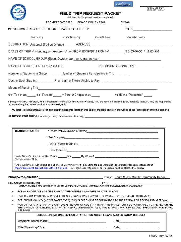 Miami Dade Public School Field Trip Form | PDF | Florida | Educational  Organizations
