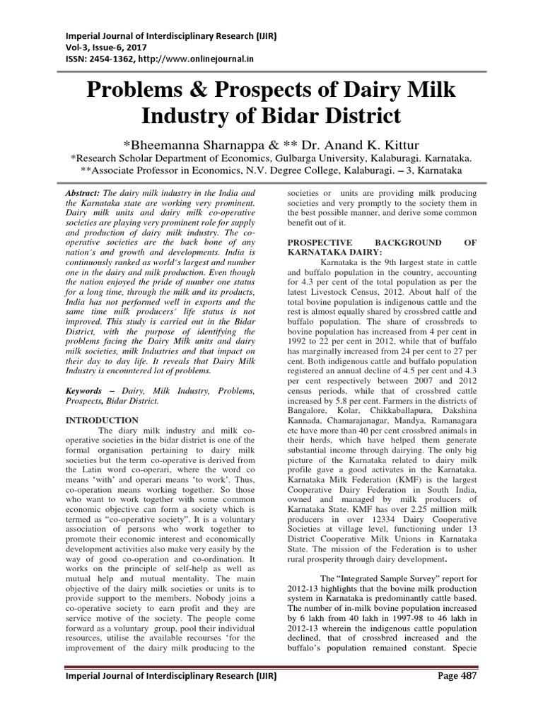 Problems & Prospects of Dairy Milk Industry of Bidar District PDF