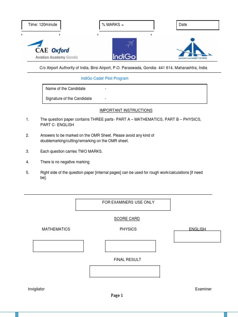 Question Paper IndiGO Cadet Pilot Program 1 PDF Sign Language