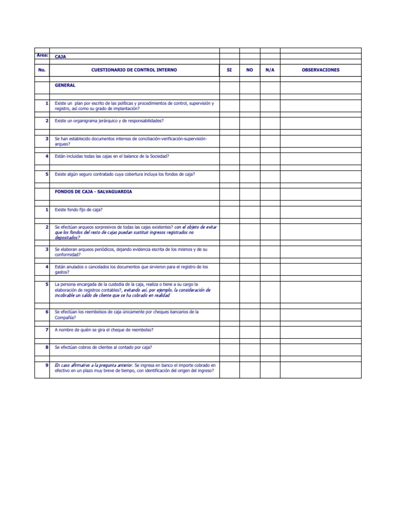 Cuestionario de Control Interno de Caja | PDF | Contabilidad | Cheque