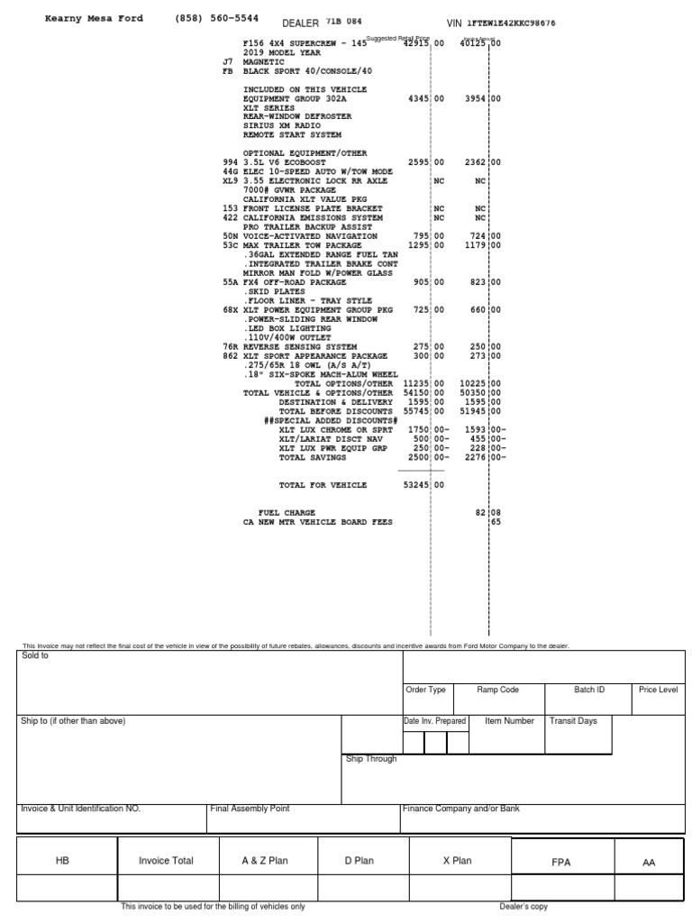 Ford Vehicle Invoice Breakdown | PDF | Motor Vehicle | Vehicles