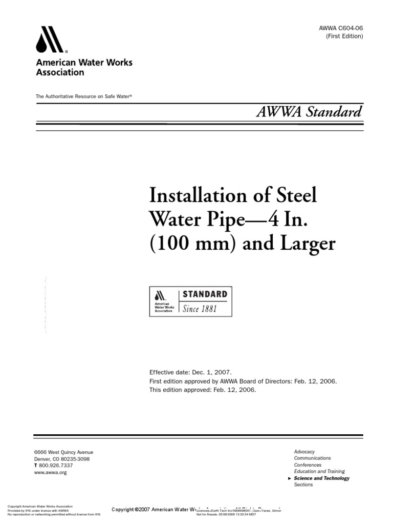 Installation of Steel Water Pipe—4 In. (100 mm) and Larger AWWA