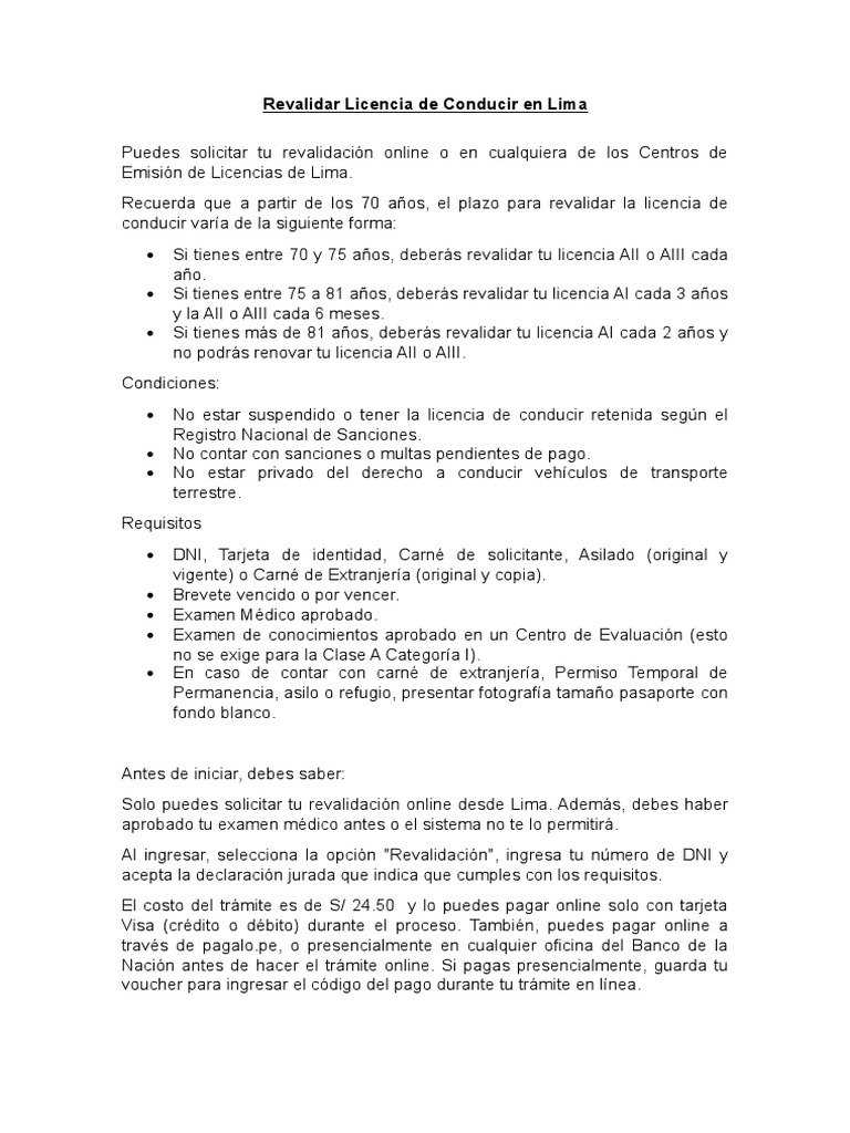 Revalidación de Licencia de Conducir en Lima | PDF