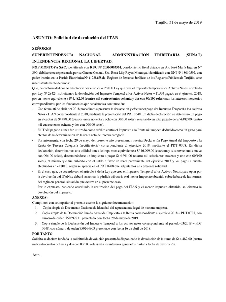 Solicitud de Devolución del ITAN 2018 | PDF | Impuesto sobre la renta ...