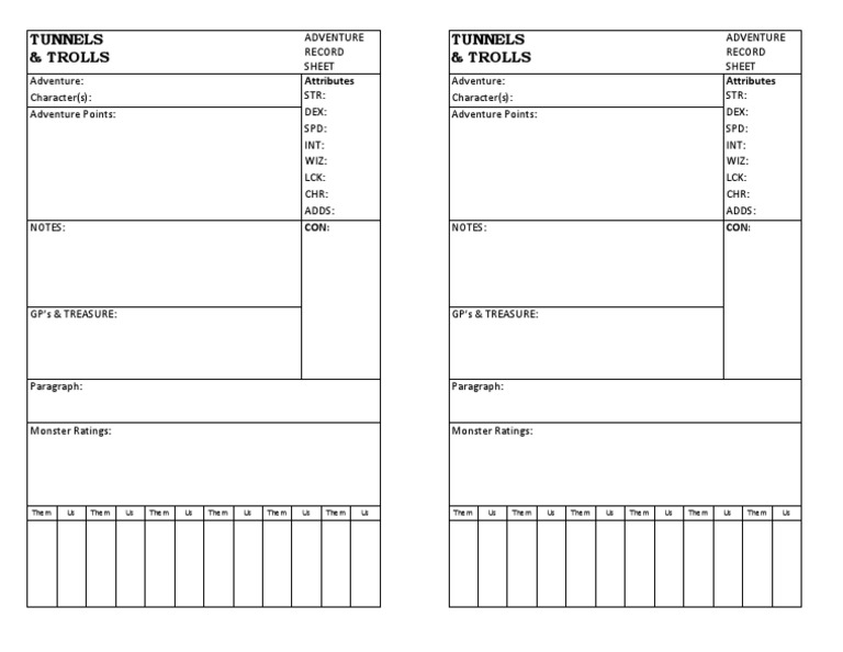 Tunnels & Trolls Solo Adventure Record Sheet PDF PDF