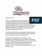 Neiman's Statement on Pharmacy Closure
