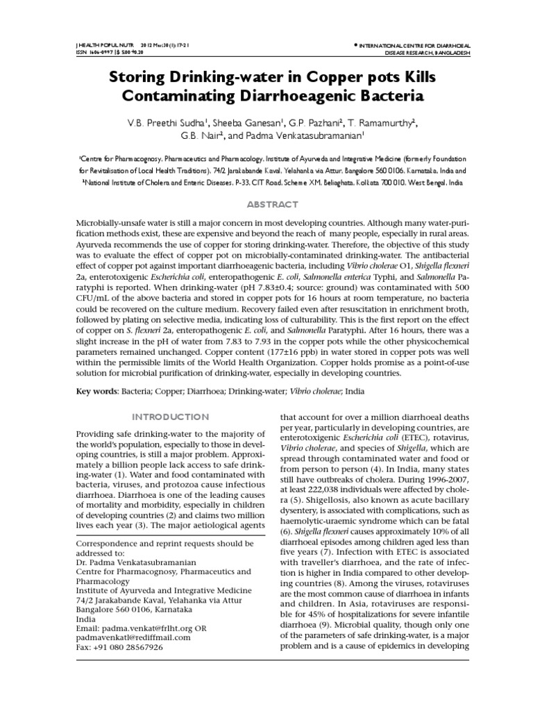 Storing DrinkingWater in Copper Pots Kills Contaminating