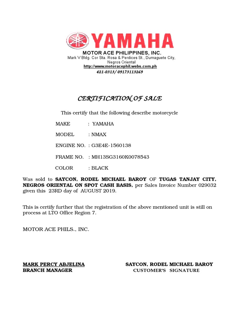 Motorcycle Sale Certification Document | PDF