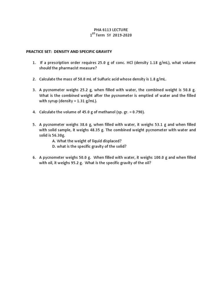 Density and Specific Gravity Practice Set | PDF | Self-Improvement ...