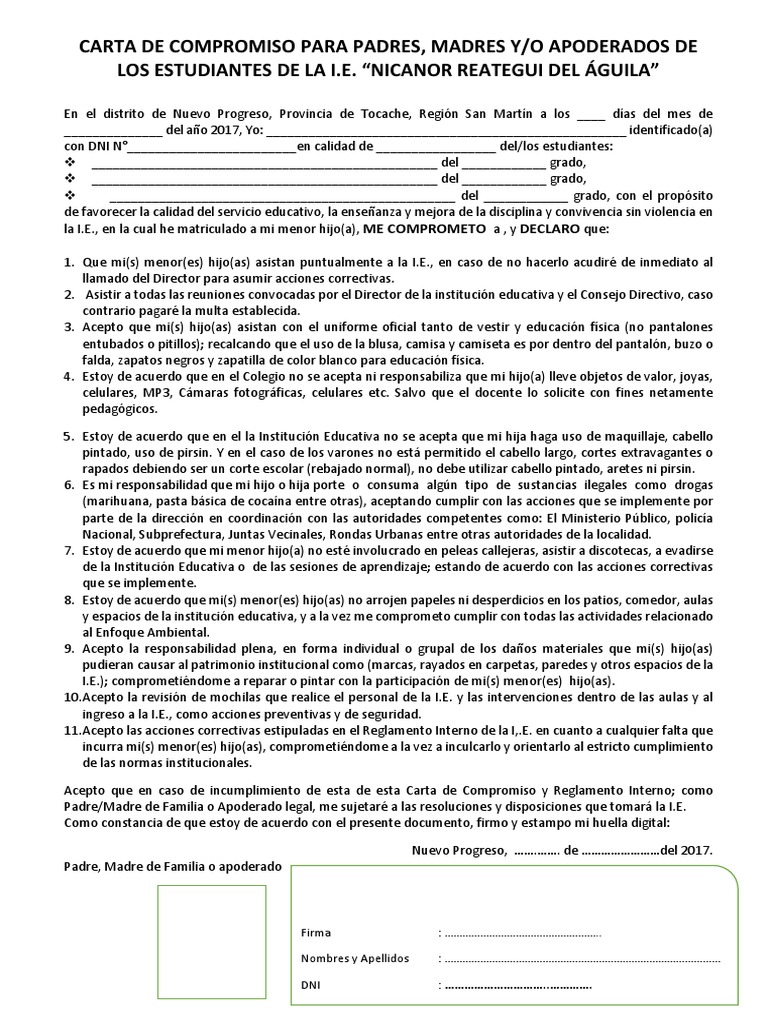 Carta de Compromiso para Padres de Familia | PDF | Educación avanzada ...