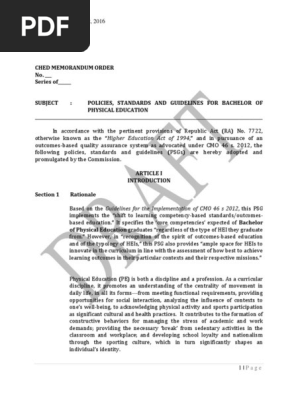 Draft PSG for the Bachelor of Physical Education Program