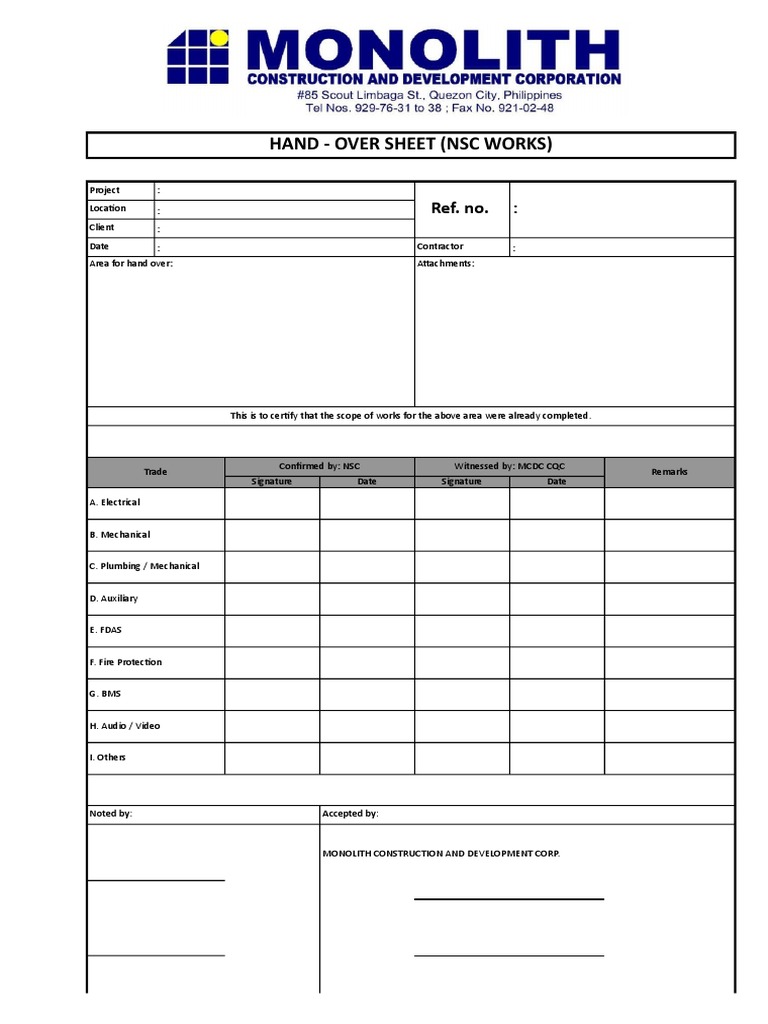 Hand - Over Sheet (NSC Works) : Ref. No. | PDF