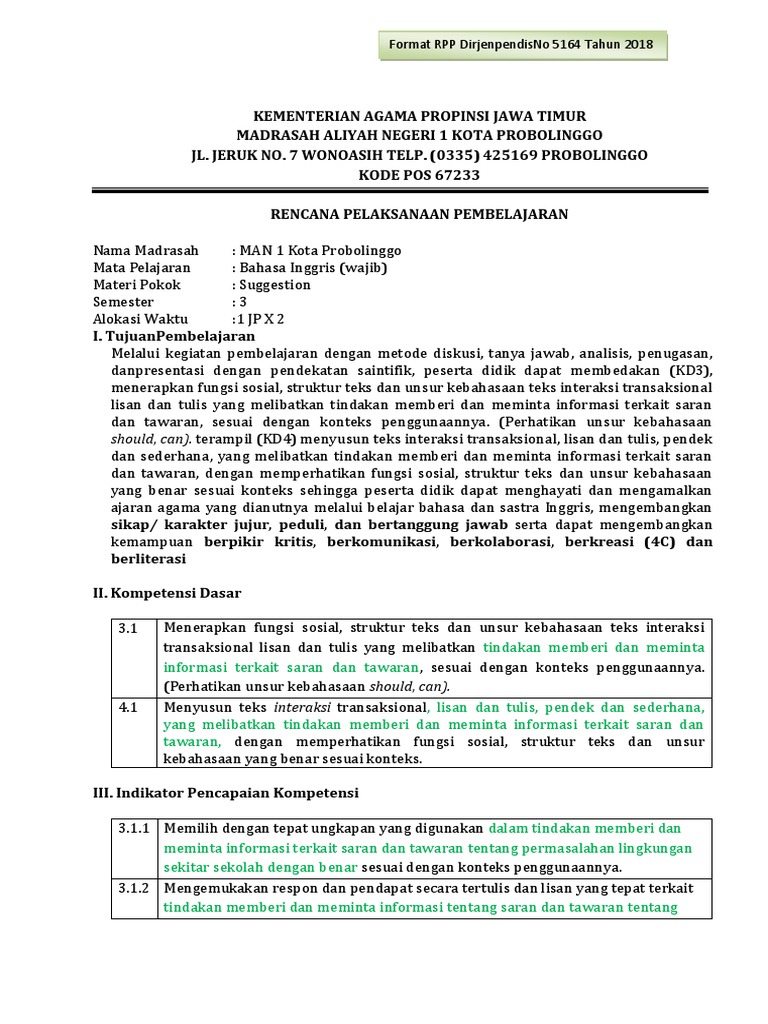 Rpp Adiwiyata Bhs Inggris Kd 3 1 4 1 Suggestion