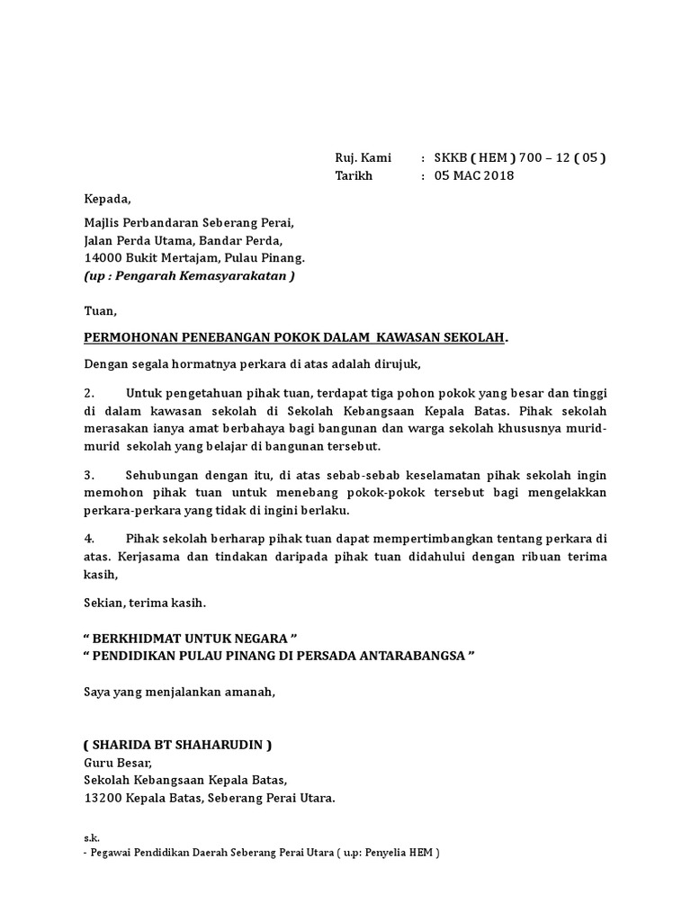 Contoh Surat Permohonan Penebangan Pokok Oleh Mpsp