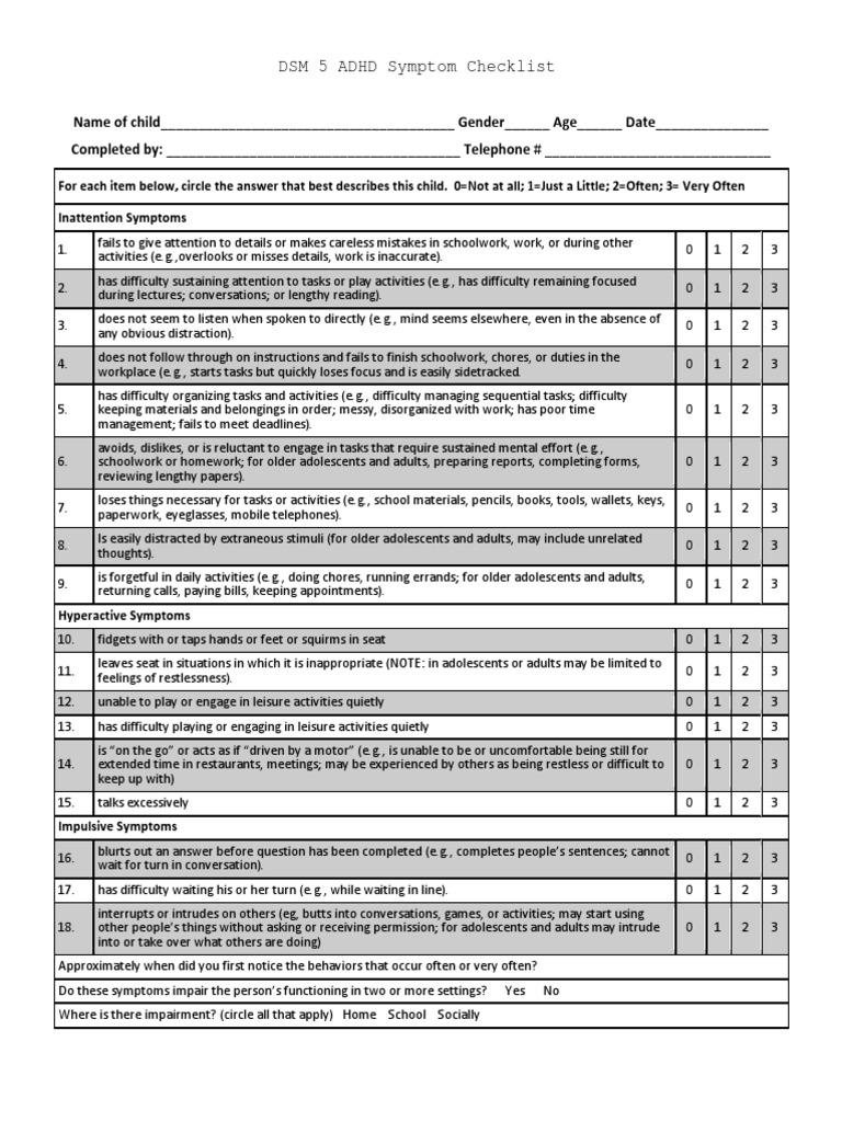 DSM 5 ADHD Symptom Checklist PDF Attention Deficit Hyperactivity