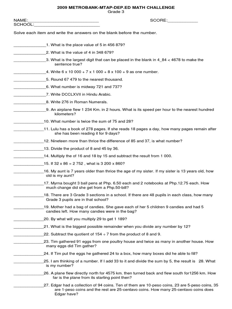 MTAP Grade 1 Math Challenge 2009 | PDF | Prime Number | Mathematical ...