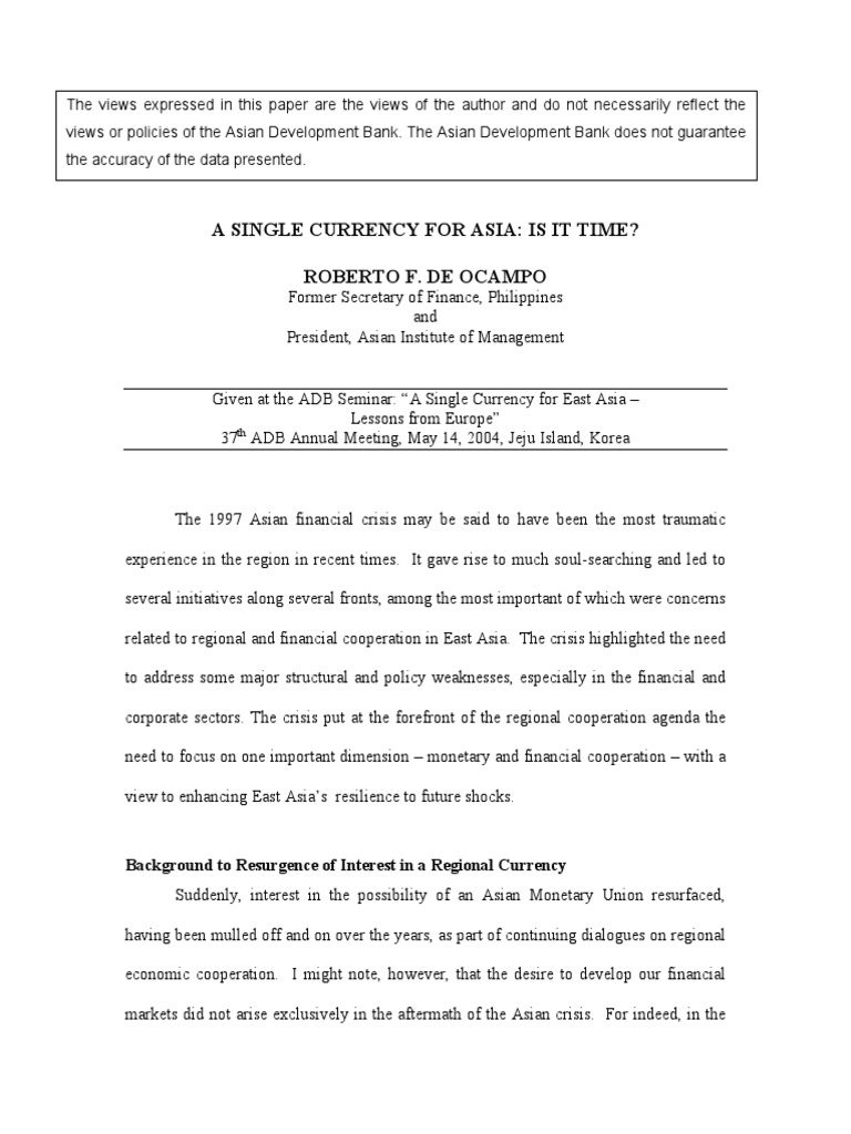 Single Currency for Asia: A Viable Option? | PDF | Economic And ...