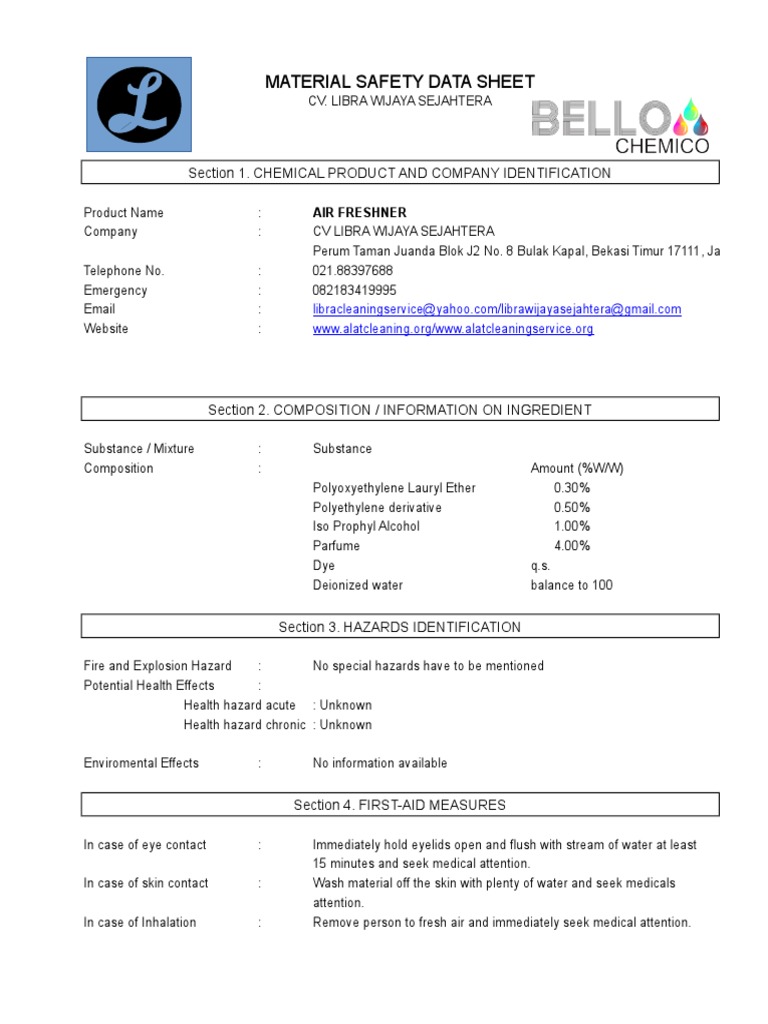 MSDS Air Freshener PDF Water Chemistry