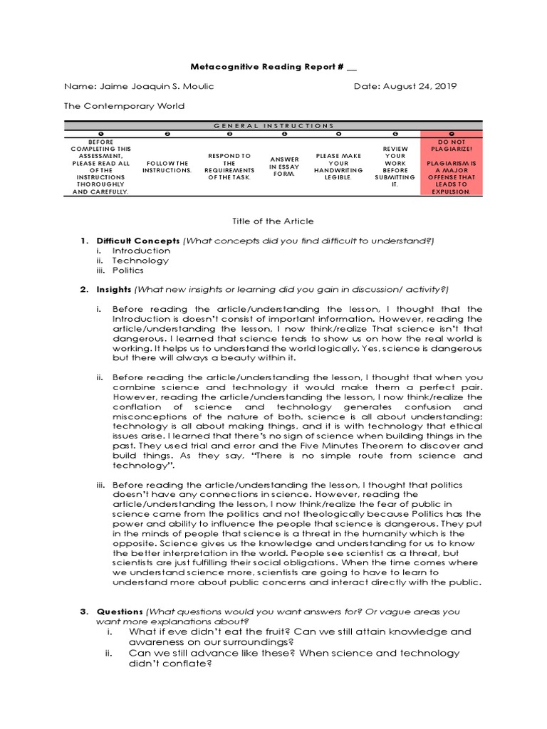 Metacognitive Reading Report | Download Free PDF | Understanding ...