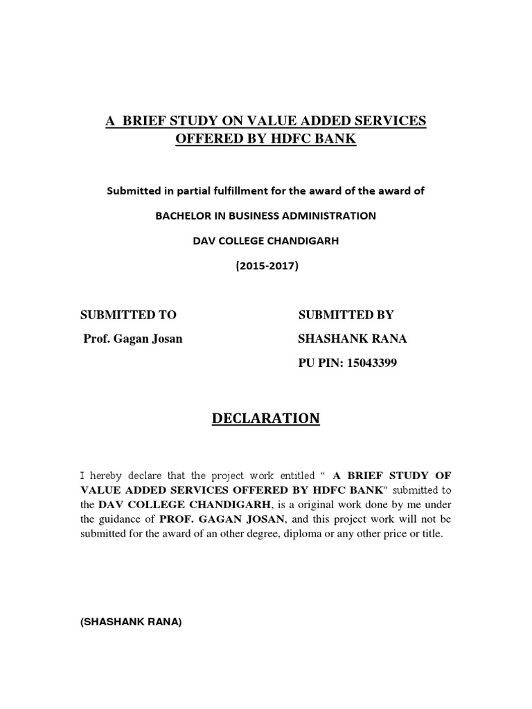 A Brief Study On Value Added Services Offered By Hdfc Bank Debit