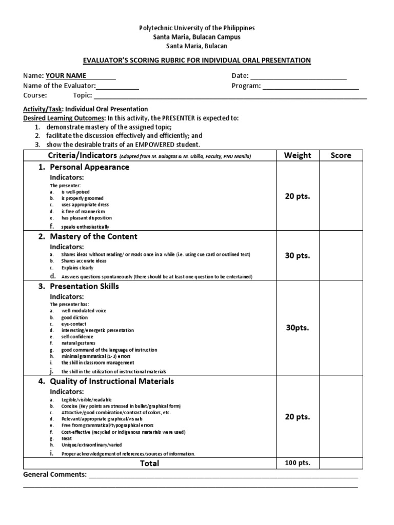 Oral Presentation Evaluation Rubric | PDF | Rubric (Academic) | Human ...