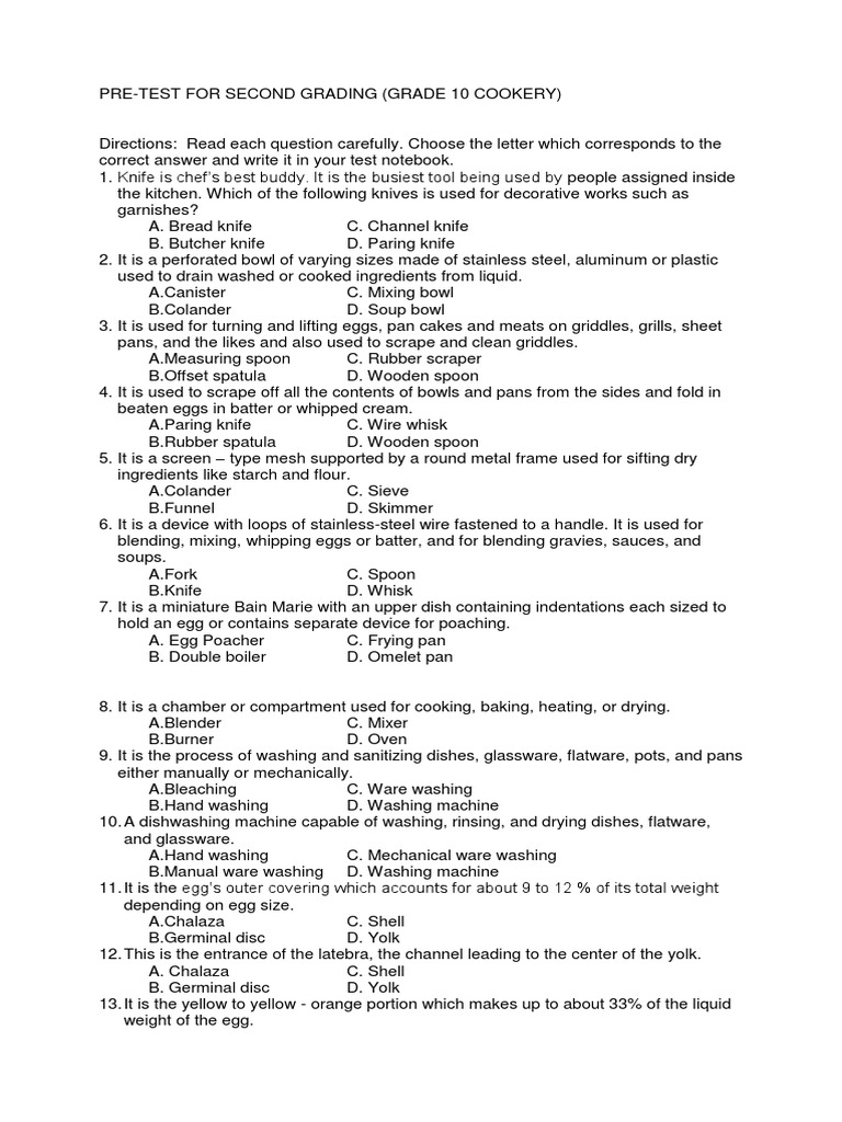 Cookery Pre-Test for Grade 10 | PDF | Starch | Pasta