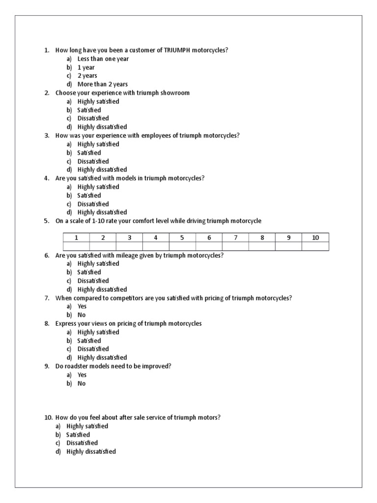 A Study On Customer Satisfaction of Triumph Motorcycles (Questionnaire