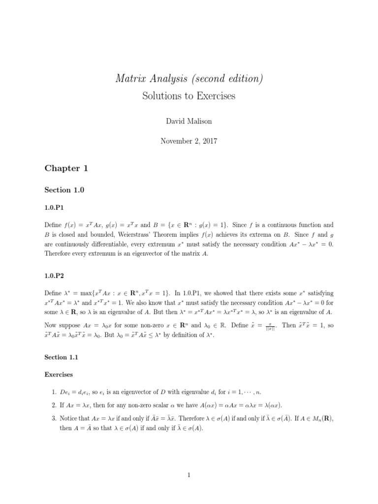 Matrix Analysis 2nd Solutions To Exercises Eigenvalues And Eigenvectors Numerical Analysis