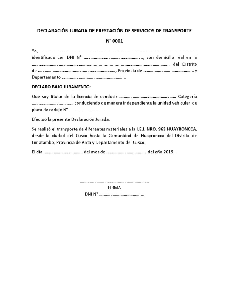 Declaración Jurada de Prestación de Servicios de Transporte | PDF