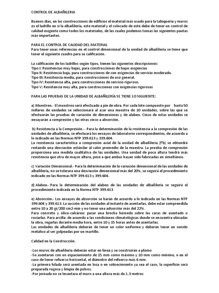 Control de Calidad en Albañilería | PDF | Hormigón | Ladrillo