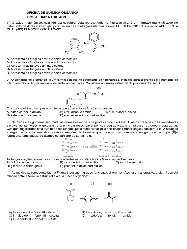 Exercícios sobre Funções Orgânicas | PDF | Éster | Gordura