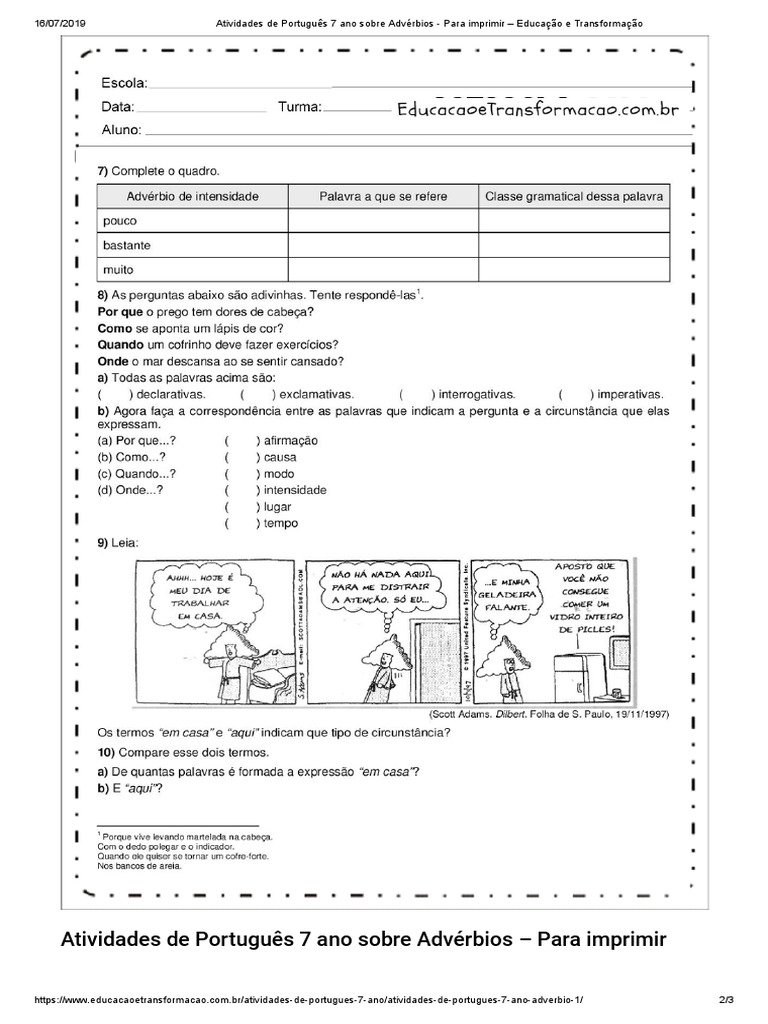 Atividades de Português 7 Ano Sobre Advérbios - para Imprimir ...