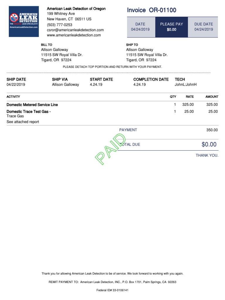 Invoice OR01100 From American Leak Detection of Oregon PDF Business Nature