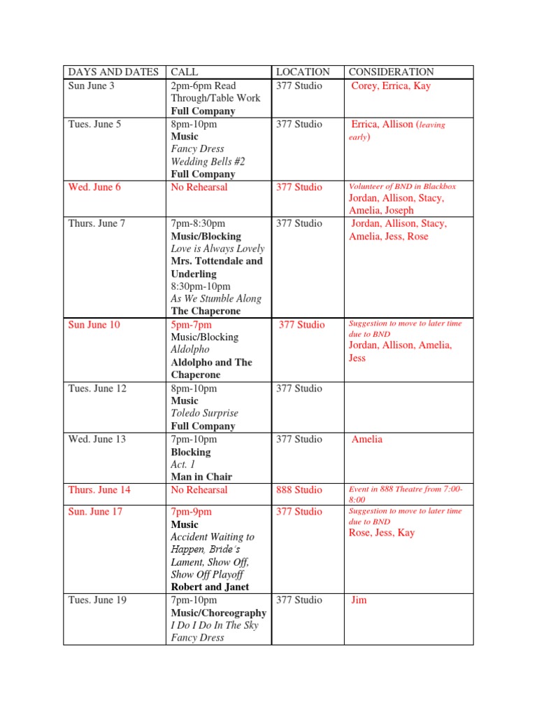 Drowsy Chaperone Rehearsal Schedule | PDF