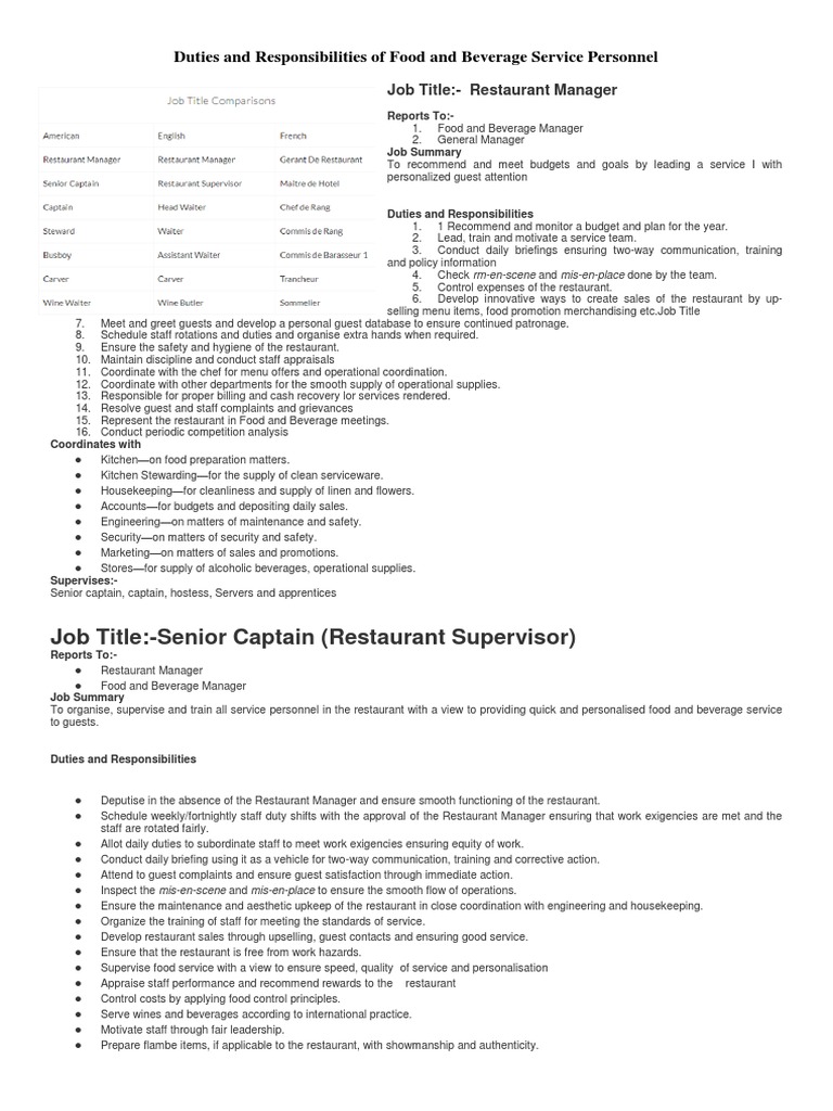 Duties and Responsibilities of Food and Beverage Service Personnel