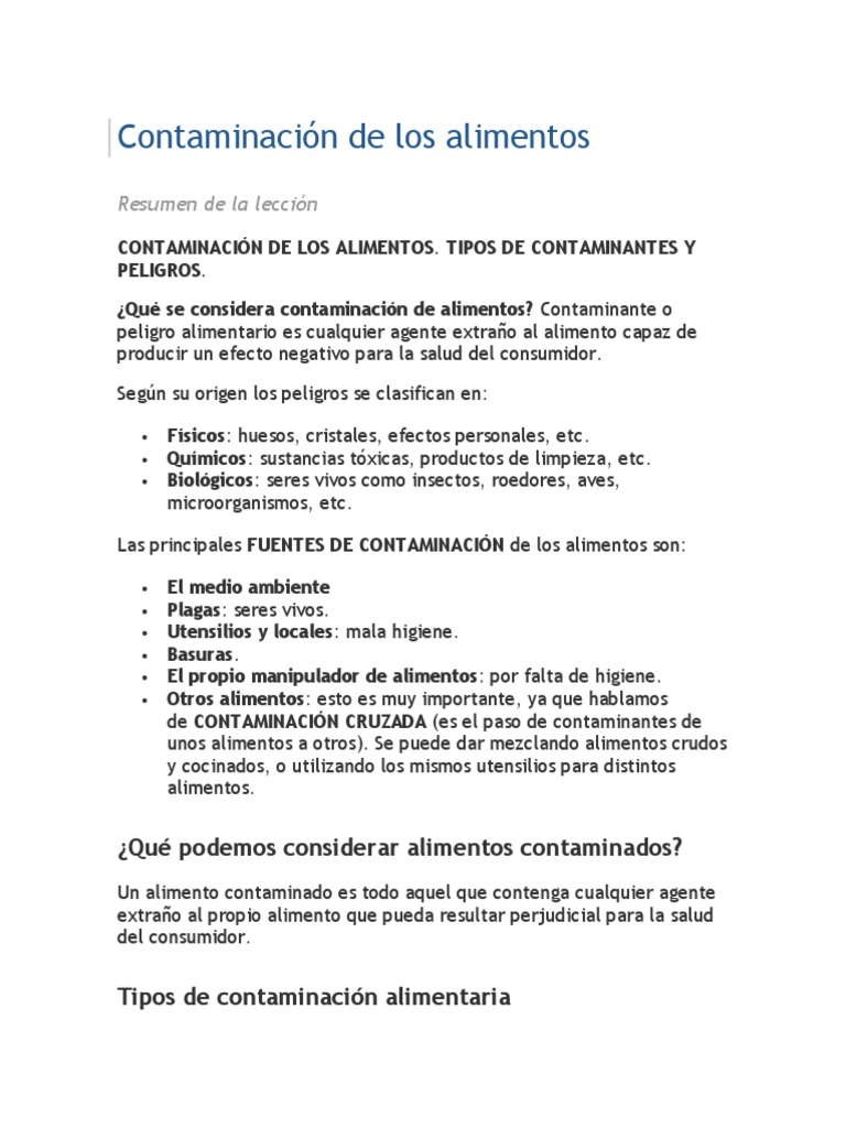 Tipos y fuentes de contaminación alimentaria | PDF | Análisis de Riesgo ...