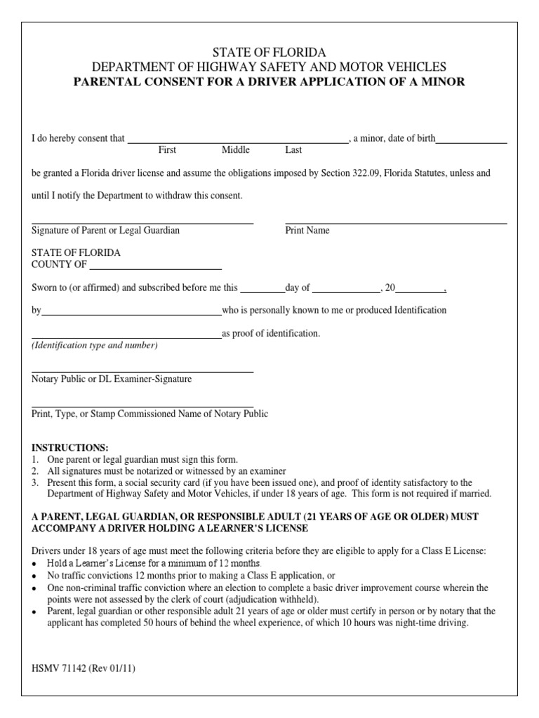 Parental Consent For A Driver Application of A Minor State of Florida