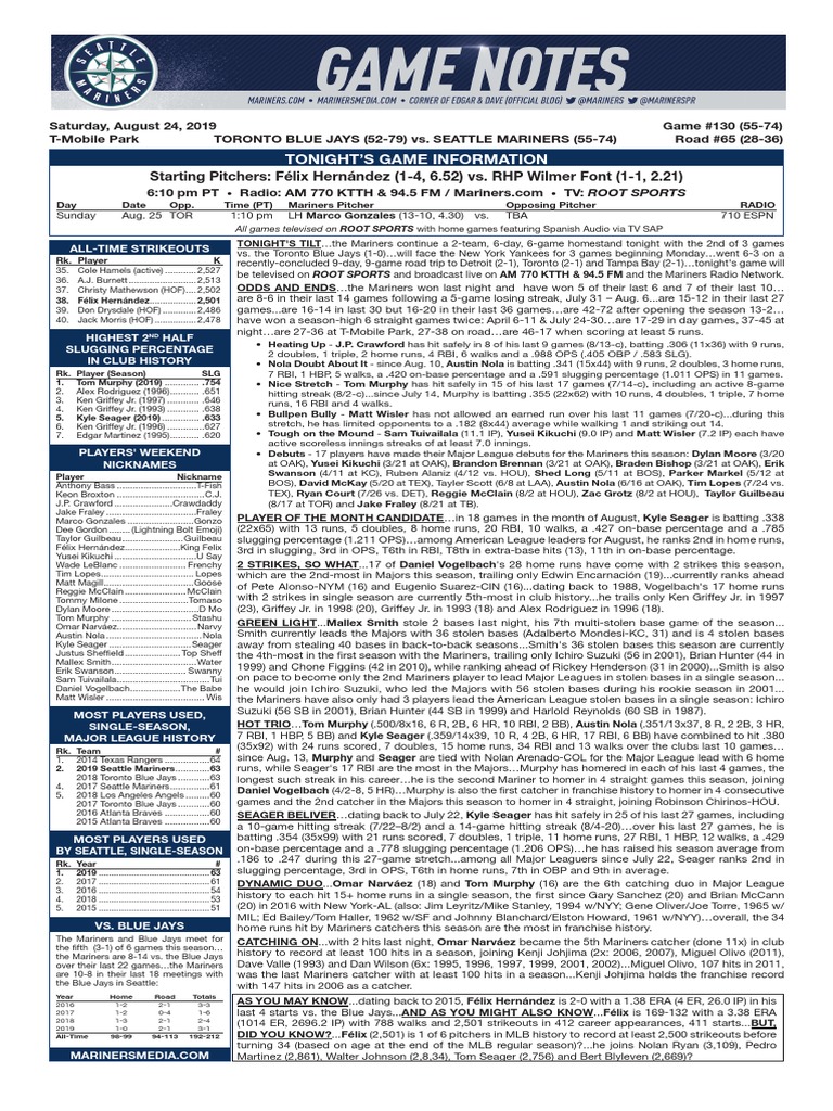 Mariners vs. Blue Jays Game Preview | PDF | Home Run | Baseball Pitching