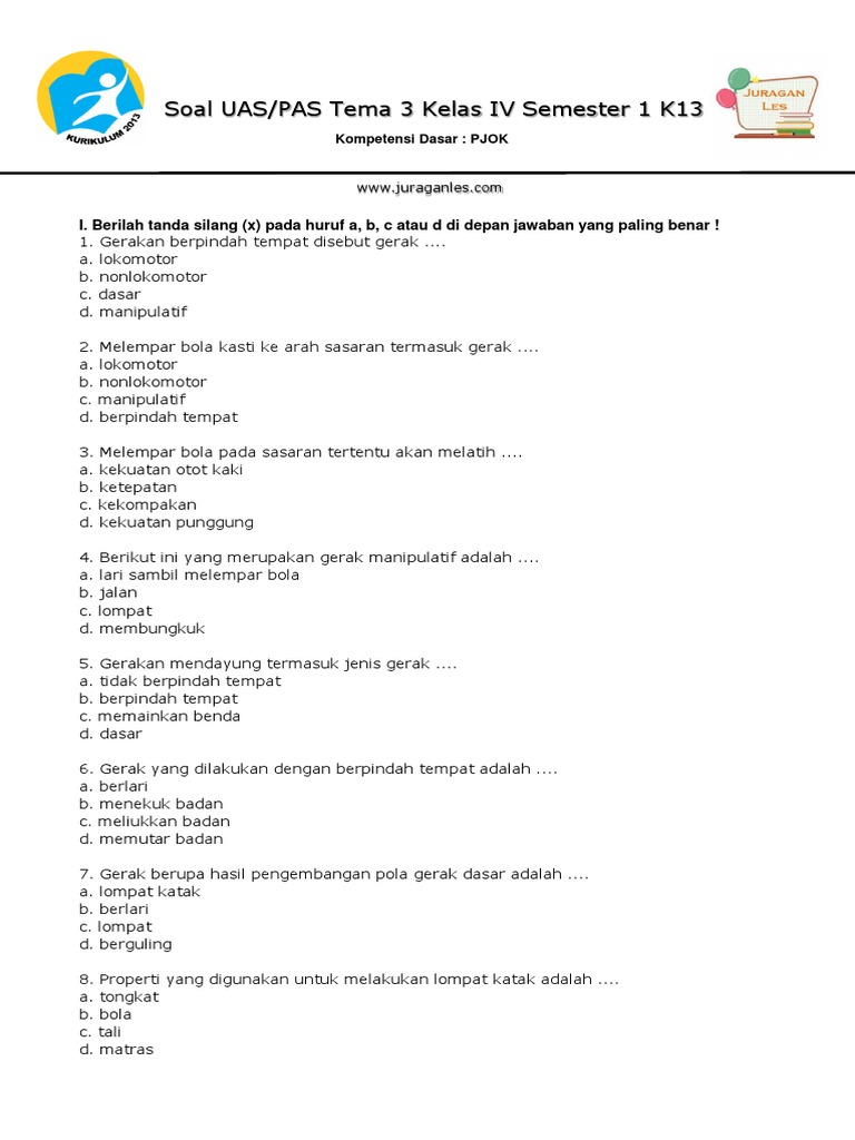 Soal Uas Pas K13 Tema 3 Kelas 4 Semester 1 Pjok Pdf