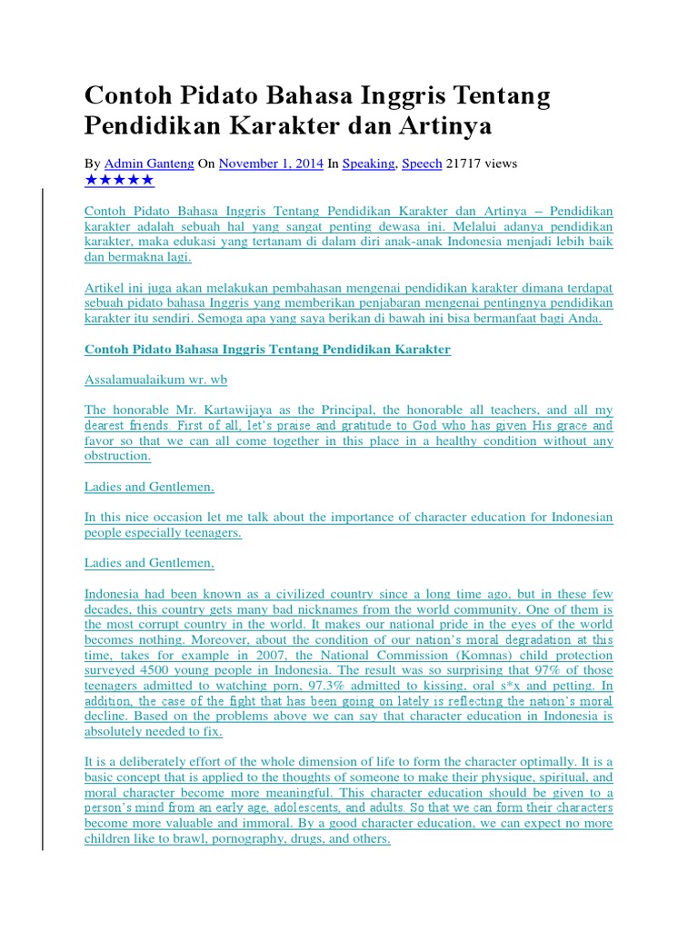 Contoh Pidato Bahasa Inggris Tentang Pendidikan Karakter Dan Artinya Indonesian Language Value Ethics